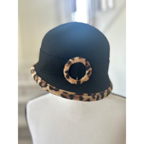 Vintage Wool & Faux Leopard Print Belted Cloche Hat - Picture 1 of 6
